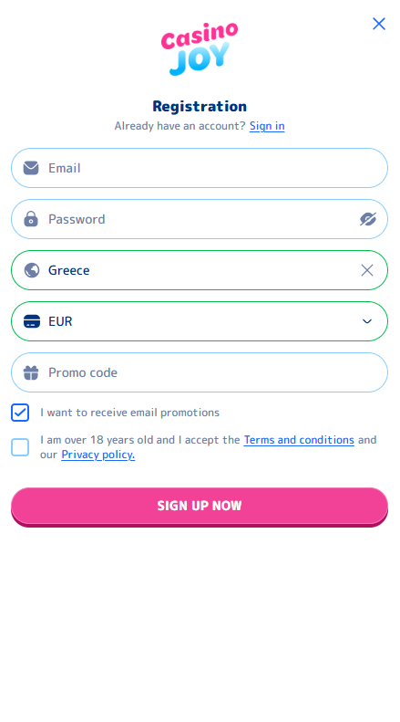 CasinoJoy Εγγραφή