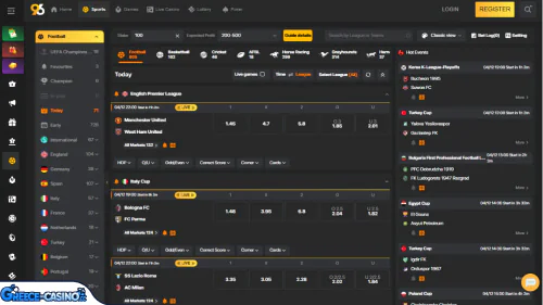 96.com Καζίνο ΑθλητικάΑν είστε λάτρης των αθλημάτων, είστε τυχεροί, γιατί το καζίνο διαθέτει ειδικό τμήμα αθλητικών στοιχημάτων. Οι λάτρεις του ποδοσφαίρου μπορούν να στοιχηματίσουν σε σημαντικά γεγονότα, όπως η Premier League, η Bundesliga, η Serie A και η Ligue 1, μεταξύ άλλων.Εκτός από το ποδόσφαιρο, μπορείτε επίσης να στοιχηματίσετε σε μπάσκετ, κρίκετ, ιπποδρομίες και κυνοδρομίες.