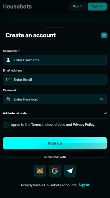 HouseBets Καζίνο Εγγραφή