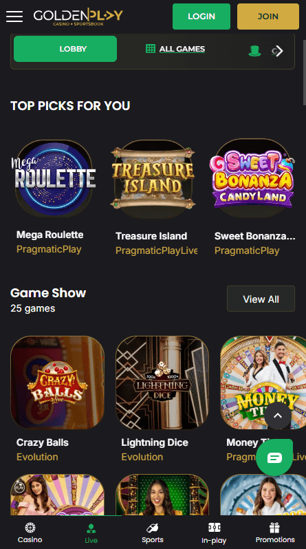 GoldenPlay Καζίνο Ζωντανά παιχνίδια