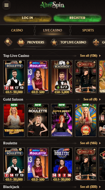 AlterSpin Καζίνο Ζωντανά παιχνίδια