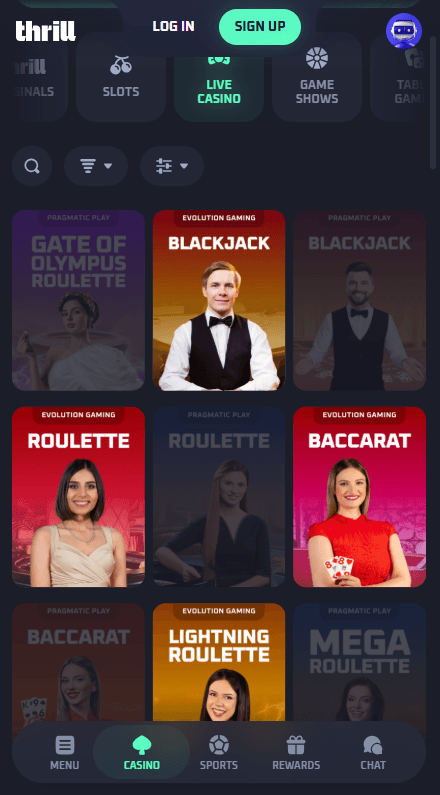 Thrill Καζίνο Ζωντανά παιχνίδια